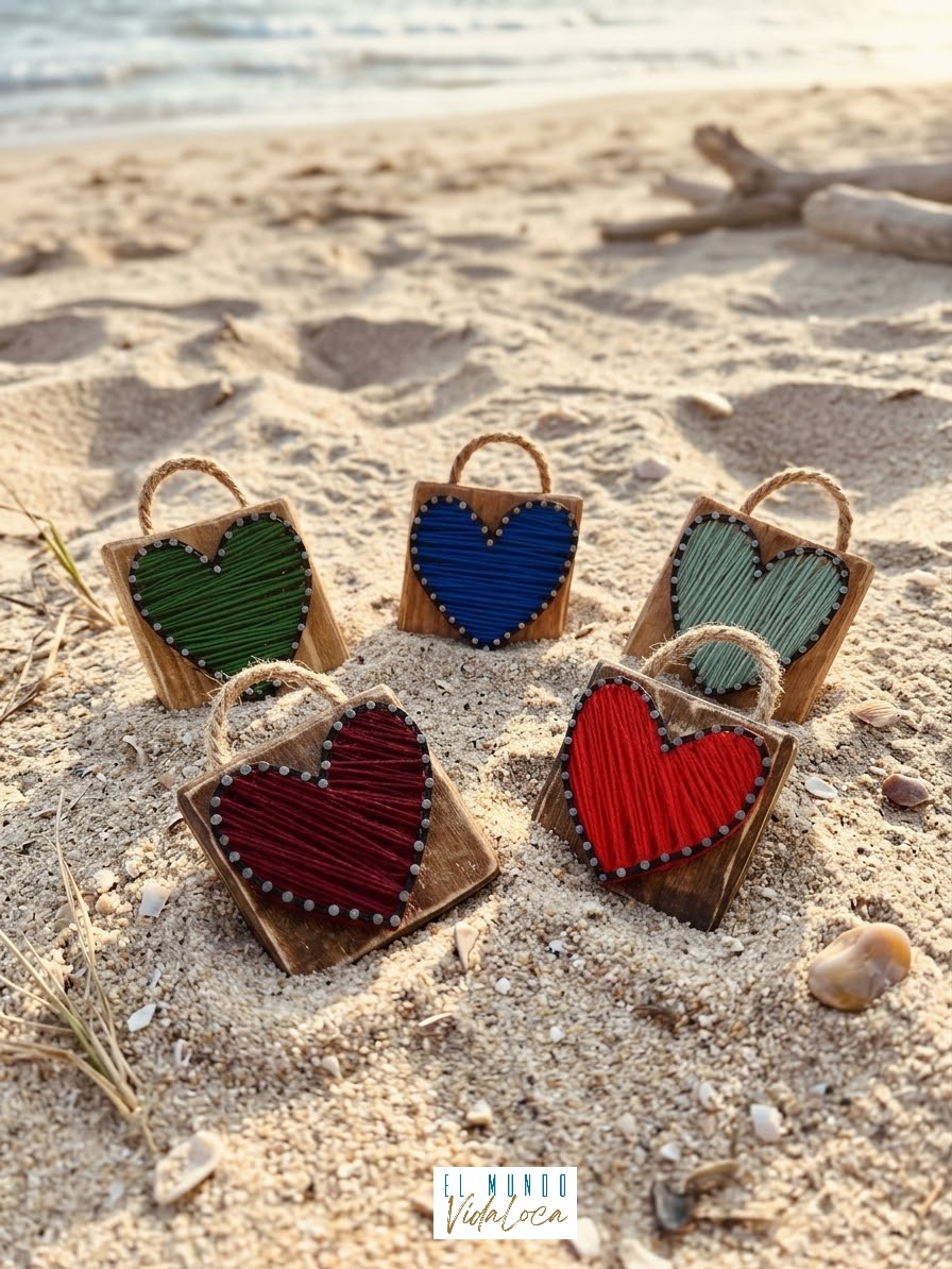 Cuadro madera, clavos y hilo "corazón"